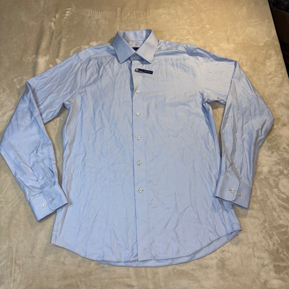 David Donahue Mens 16 36/37 Luxury Non Iron Trim Fit Dress Shirt Blue Stripe